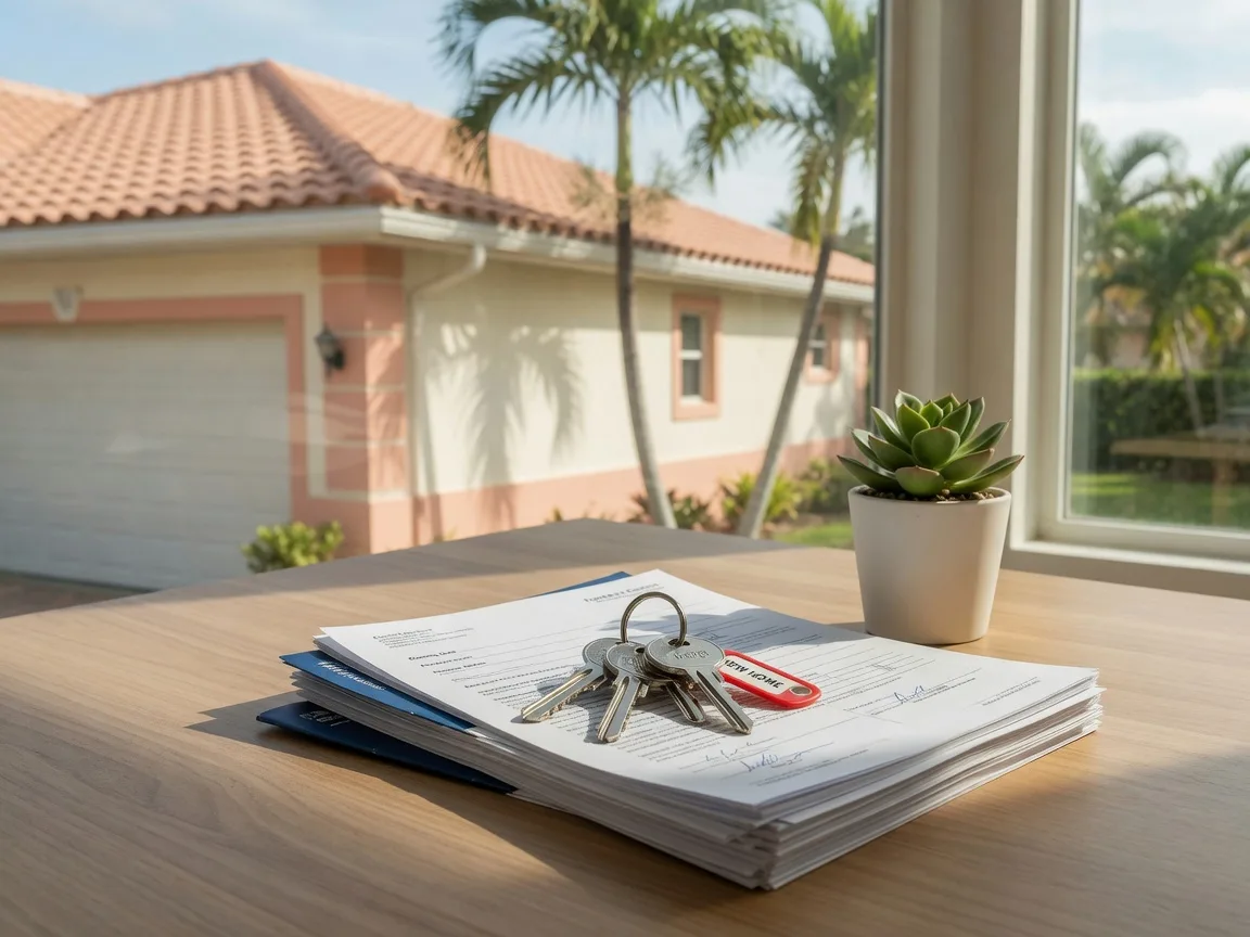 House keys resting on a table beside paperwork for a first home purchase