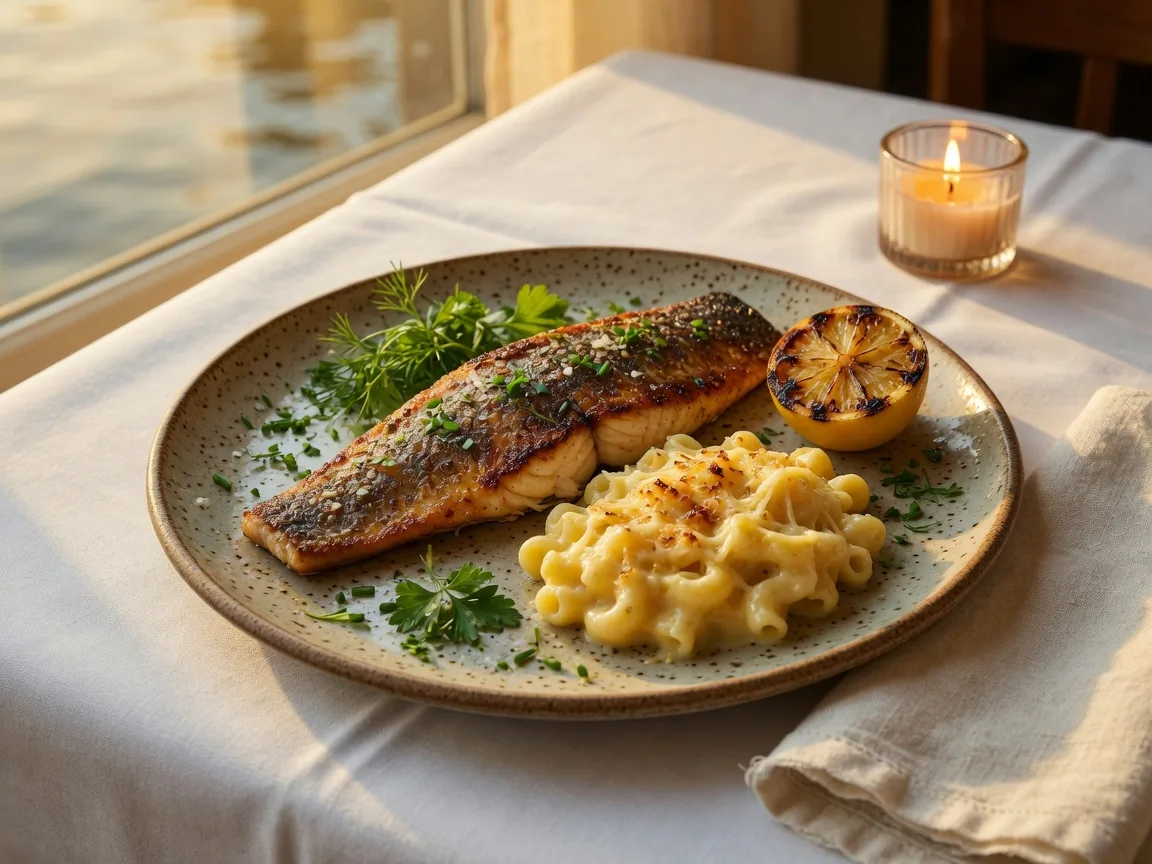 A seasonal fine dining plate at Sidney's Restaurant: seared pan-fried trout with a golden crust, gouda mac and cheese, charred lemon and fresh herbs on a lakeside table