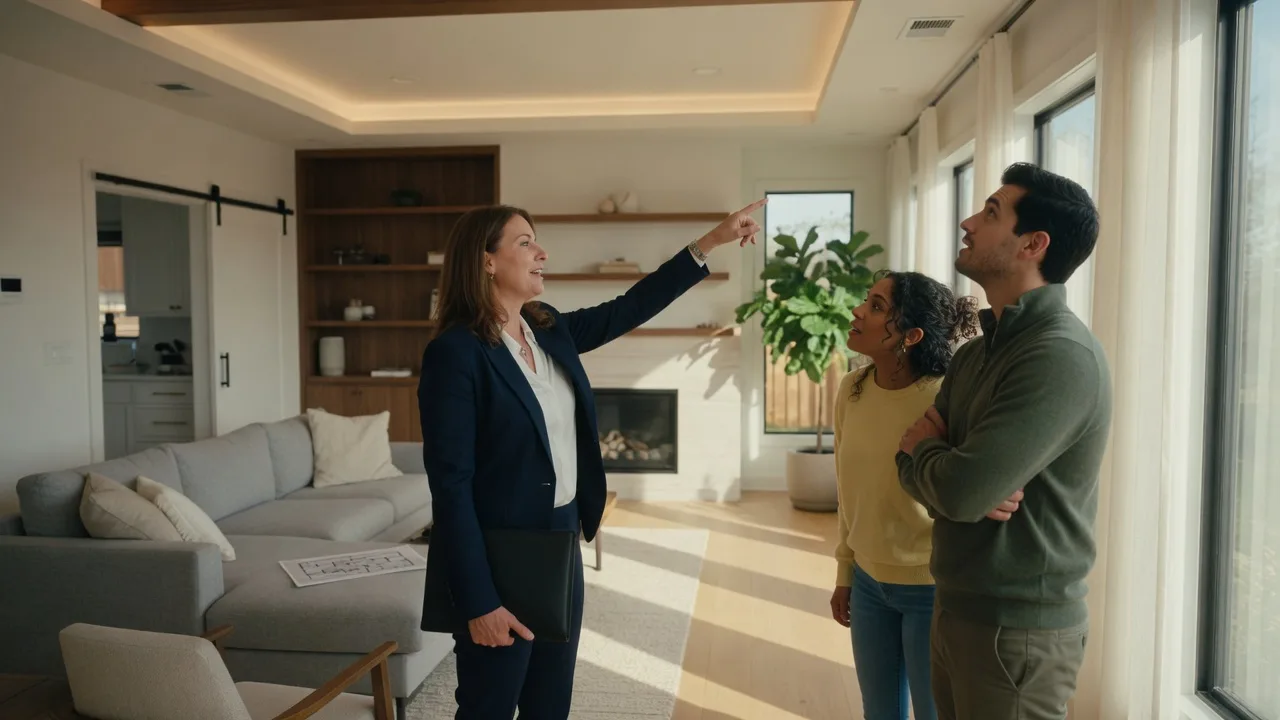 Real estate agent showing a bright modern living room to a young couple during a home tour