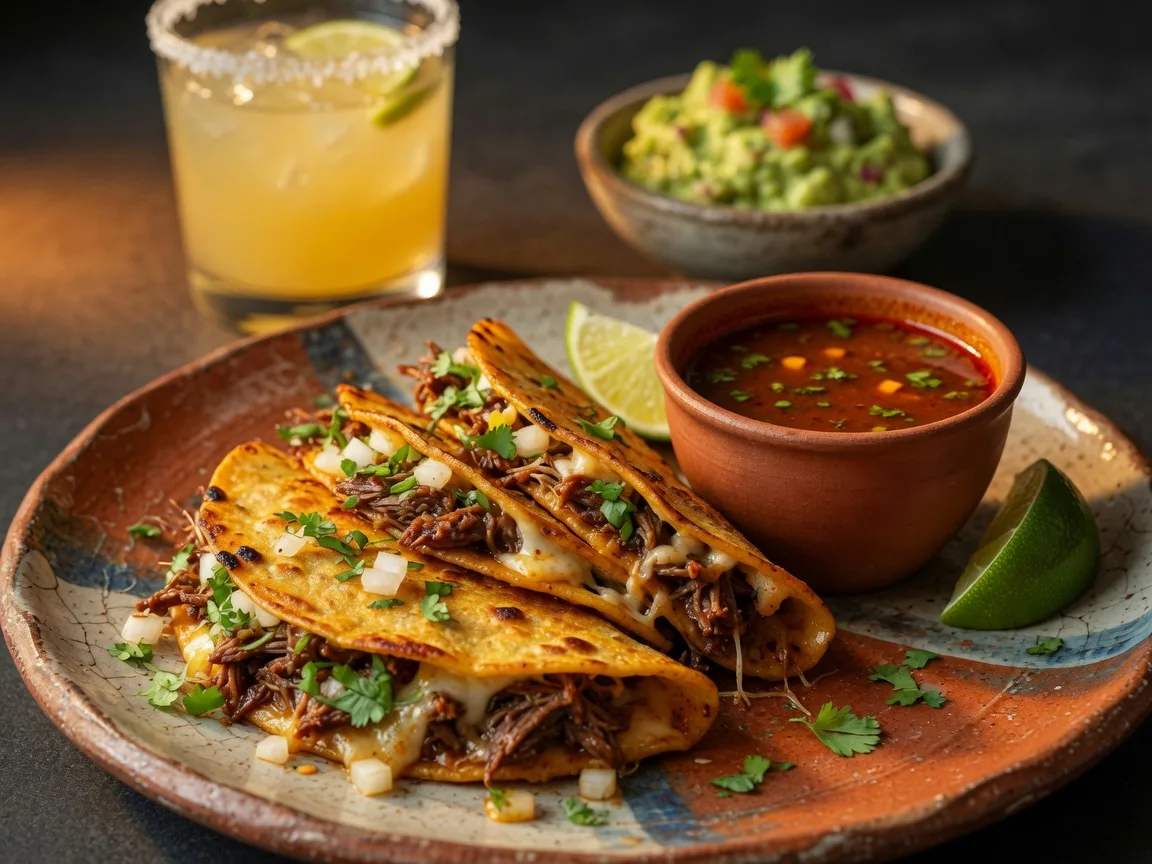 Quesabirria tacos with consommé for dipping, served with a margarita and fresh guacamole at Tequila Mama Taqueria