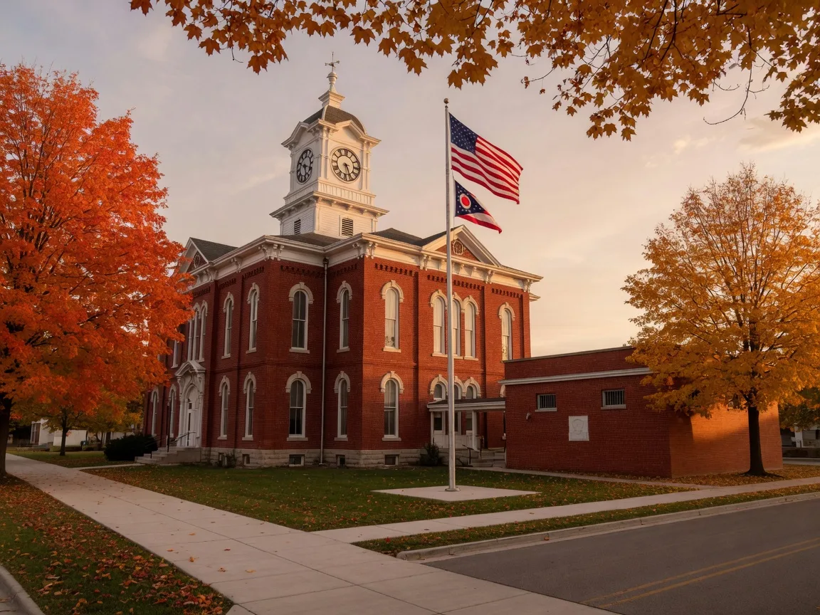 A 19th-century red brick county courthouse with a white clock tower and a low brick county records annex beside it in a small Ohio county seat, maples turning orange and gold in warm late-afternoon light