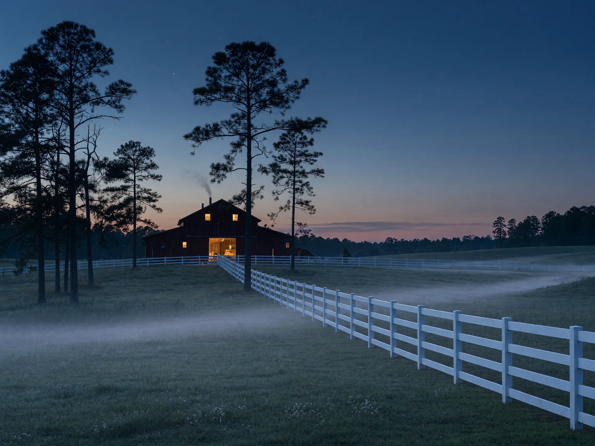 Dusk view across West End horse country with a white board fence and a glowing barn