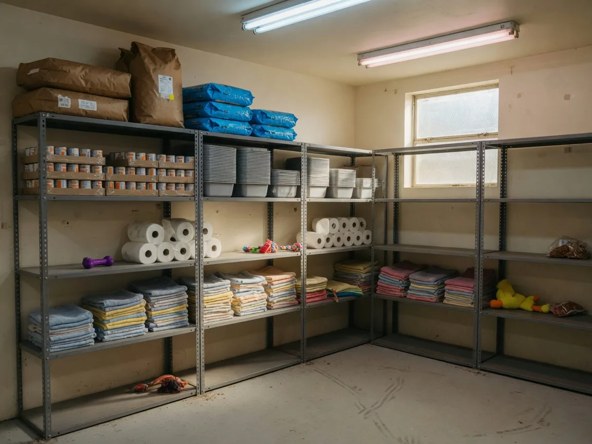 Shelves stocked with bags of dog and cat food, cases of canned kitten food, litter pans, towels, and pet toys at a small-town animal shelter