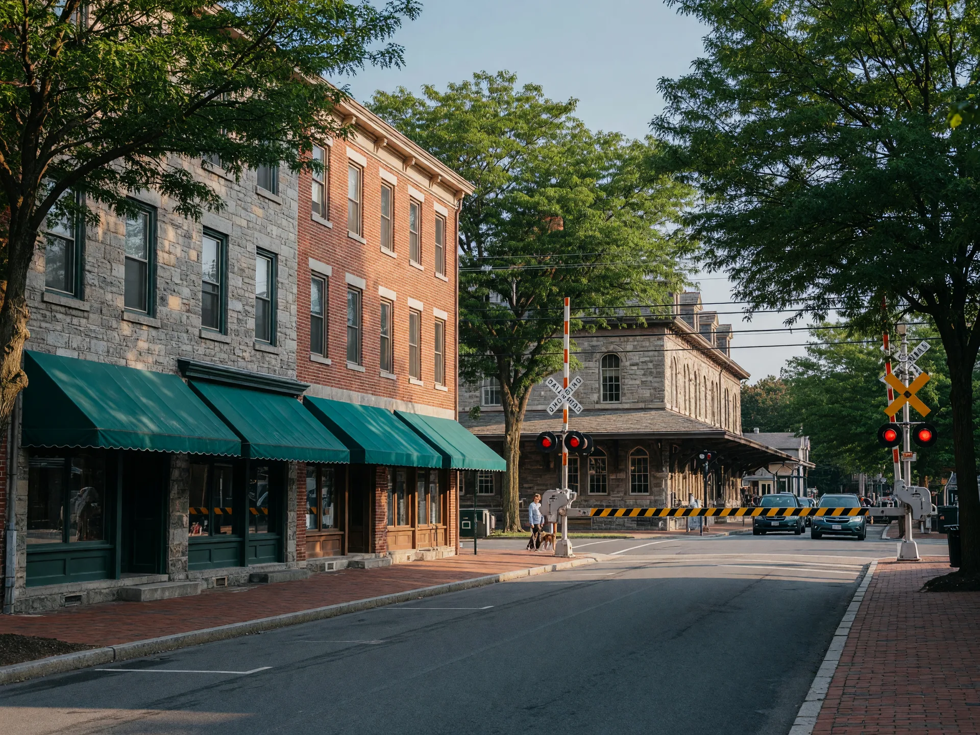Village center of Bryn Mawr, Pennsylvania along Lancaster Avenue with stone and brick Main Line buildings