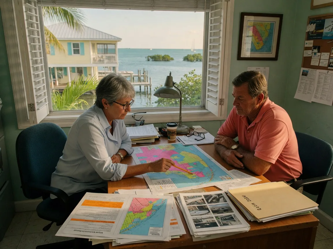Insurance agent reviewing flood zone maps and wind mitigation reports with a Florida Keys homeowner at a sunlit desk near a window overlooking a waterfront property, professional and warm atmosphere