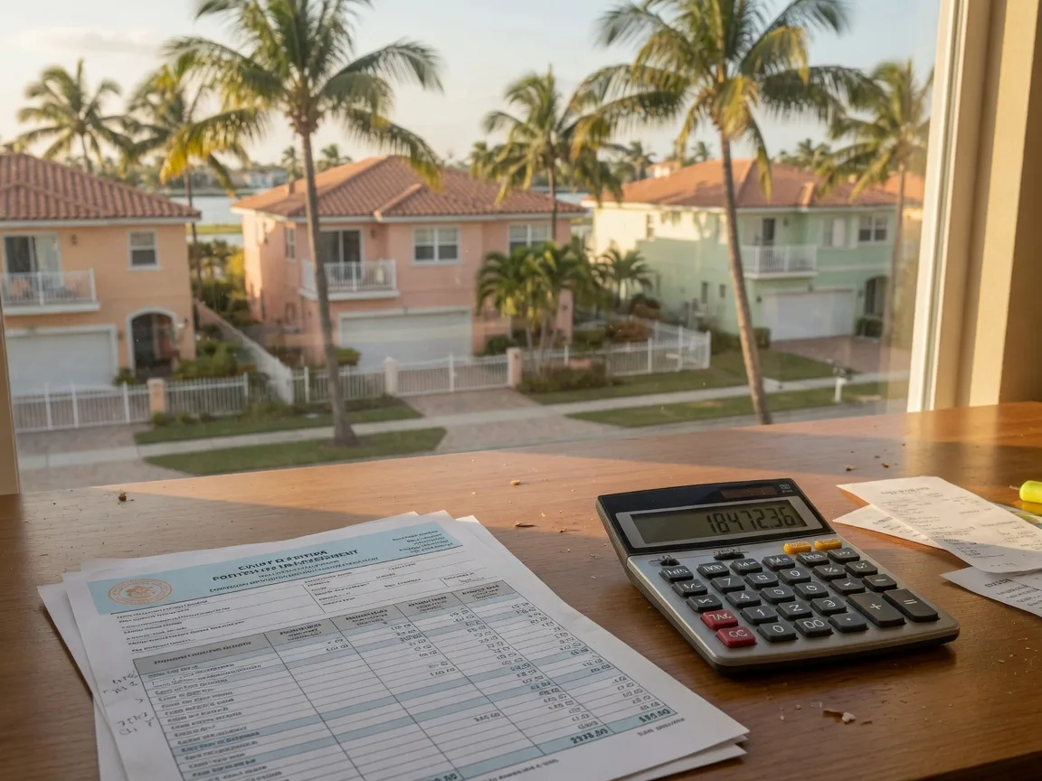 Property tax assessment document and calculator on a desk with a Delray Beach neighborhood visible through the window