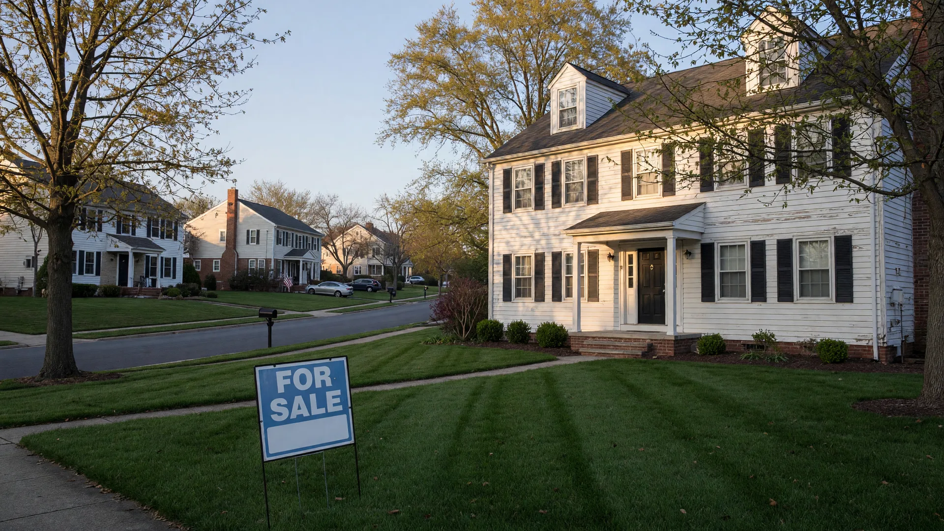 Maryland colonial suburban home with a For Sale sign in the front yard under warm morning light