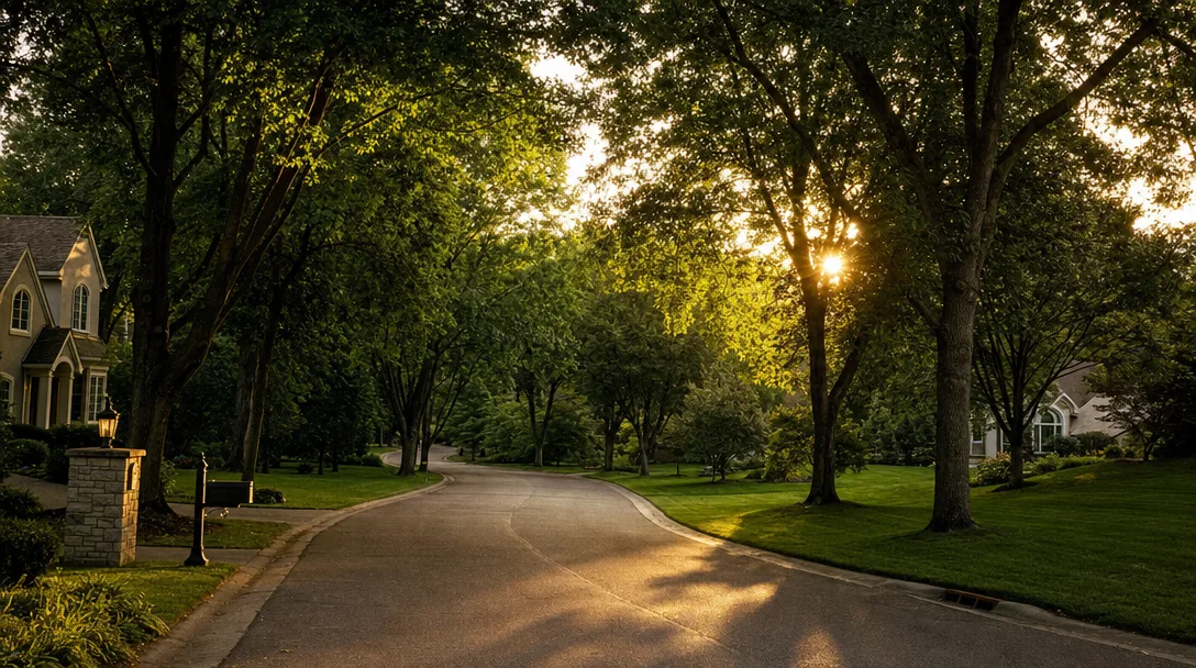 Tree-lined street in a golf course community at golden hour