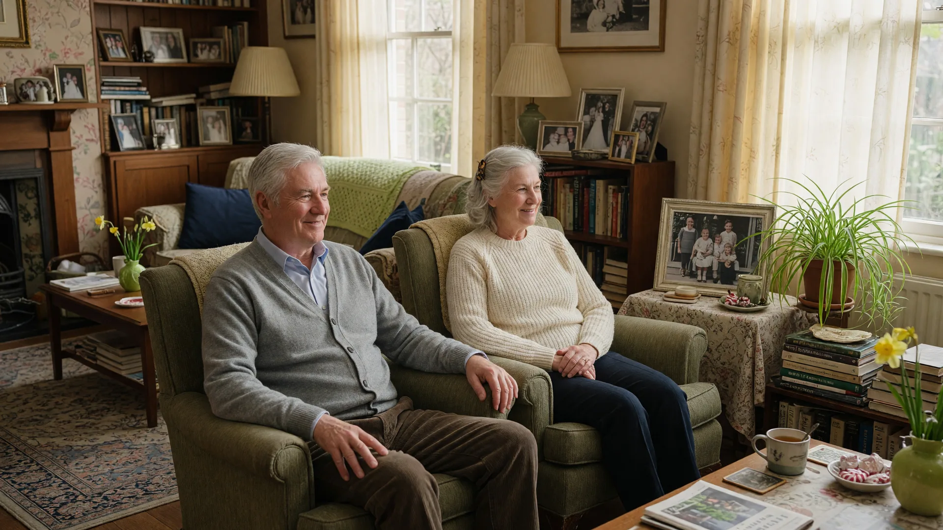 A mature couple relaxing together in the cozy living room of their longtime family home