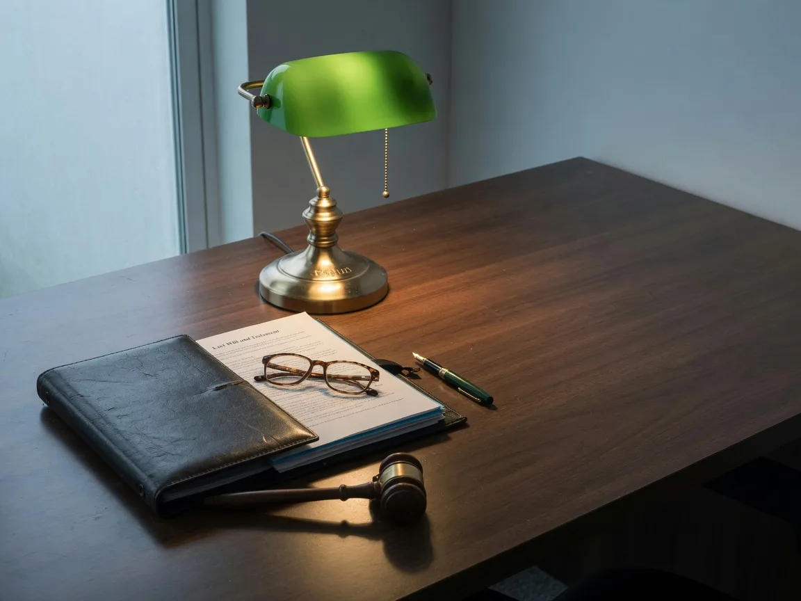 Legal documents, a brass desk lamp, and a gavel on a dark wood desk, representing estate administration and probate proceedings