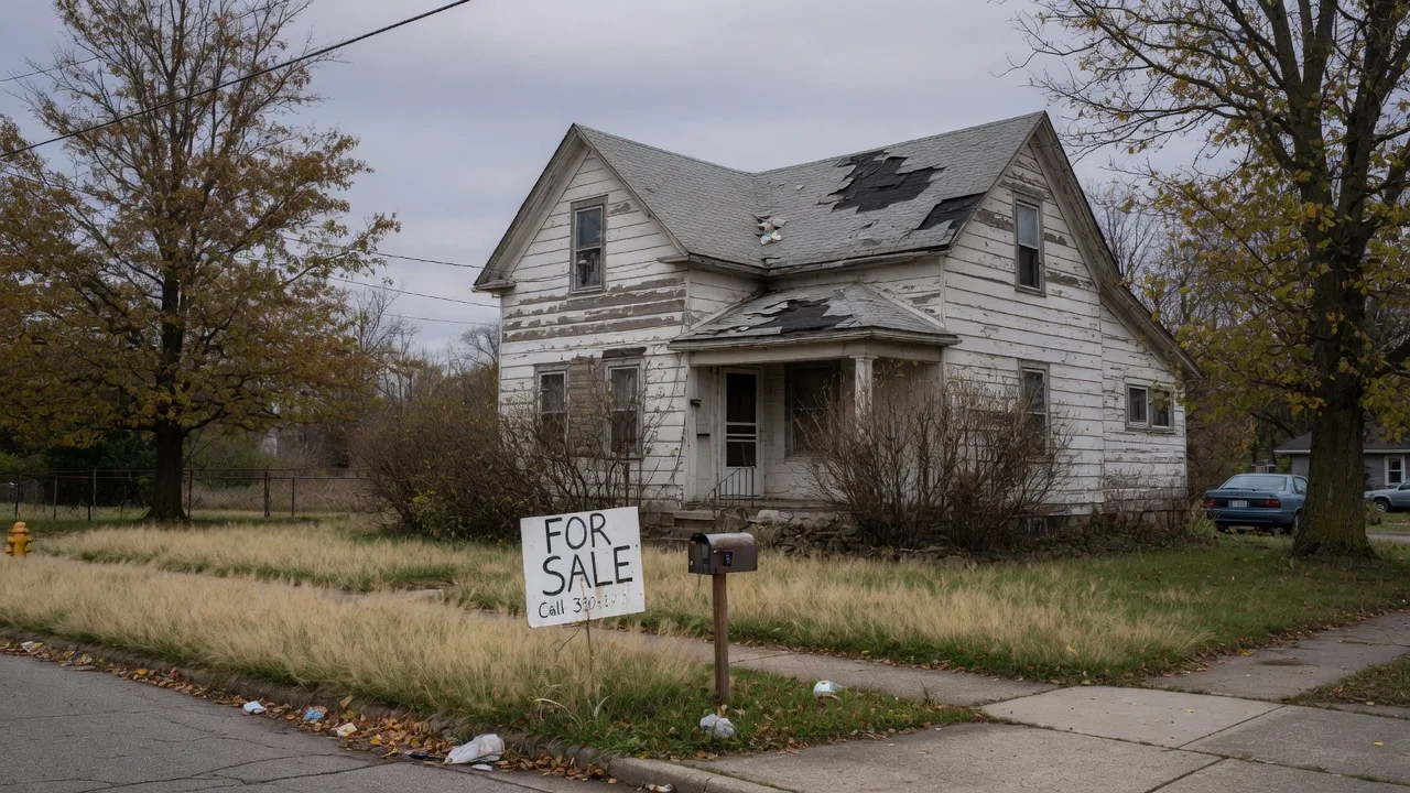 A modest older home in Northeast Ohio with peeling siding in need of work, seen from the street on an overcast day