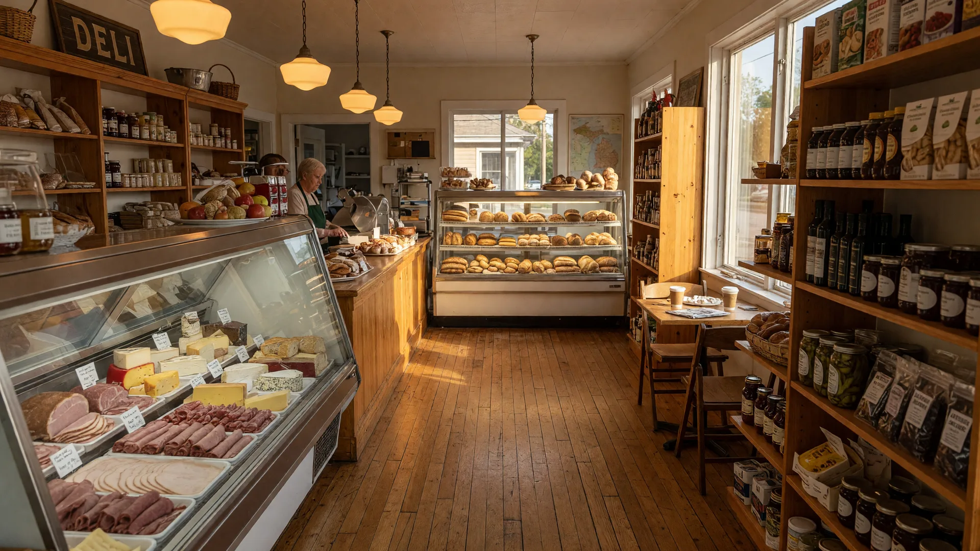 The warm, inviting interior of a family-owned specialty market in Howell, Michigan, with wooden deli counters, glass display cases of meats and cheeses, and a golden bakery case