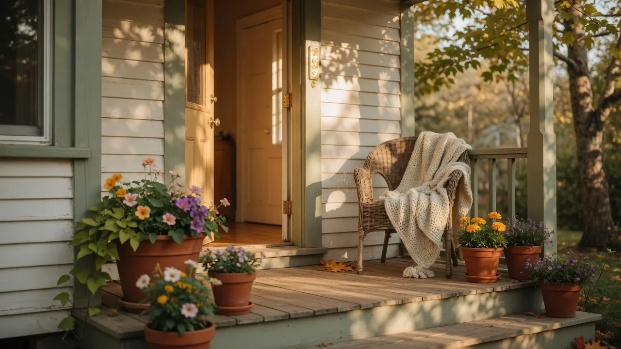 The welcoming front porch of a heritage Ontario cottage in warm late-afternoon light