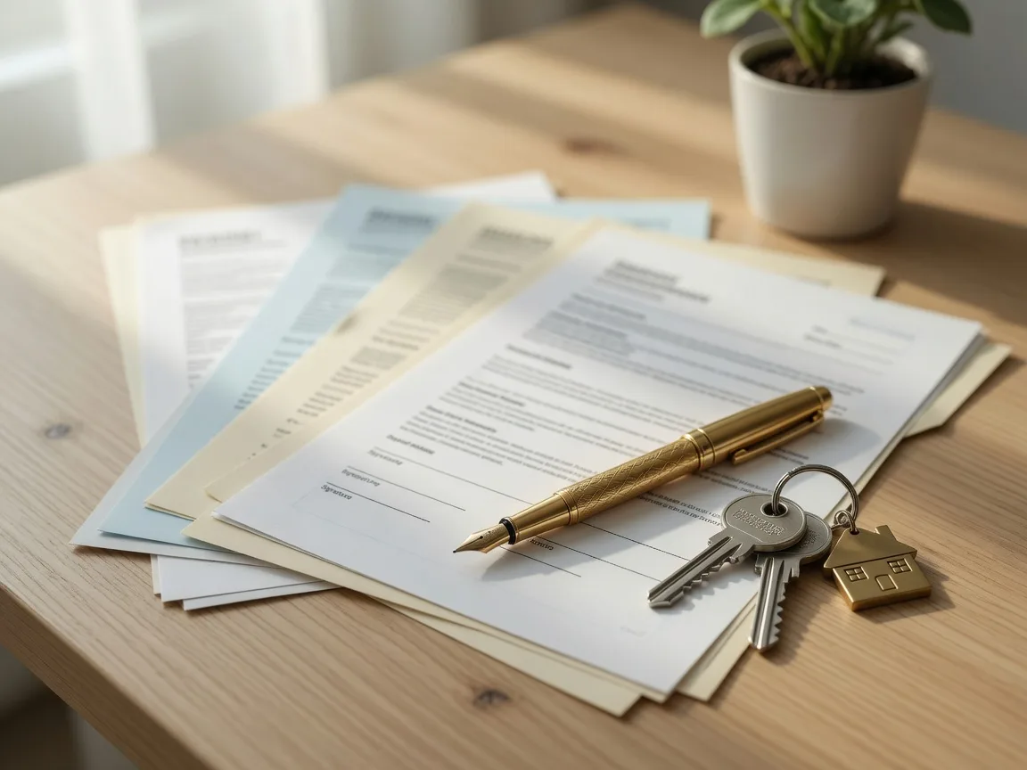 Closing paperwork, a pen, and house keys on a table, ready for settlement