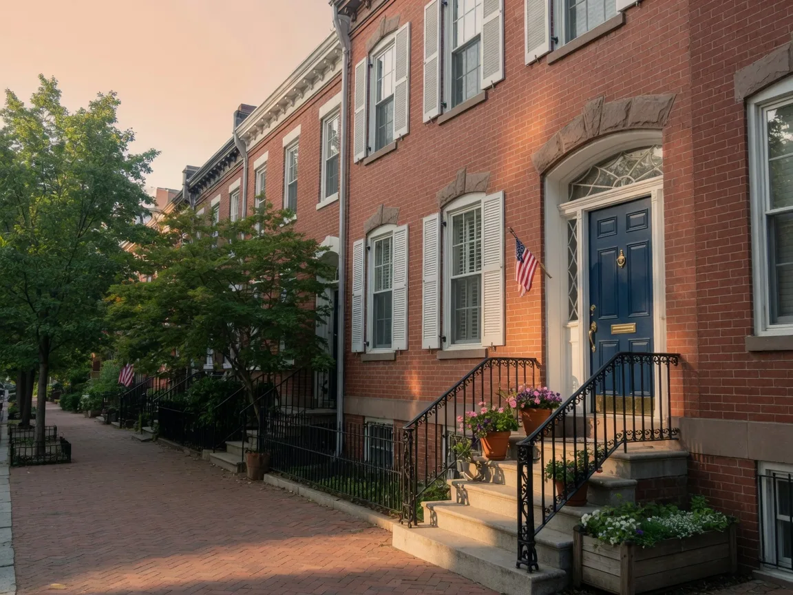 A brick rowhouse in Washington, DC at soft morning light