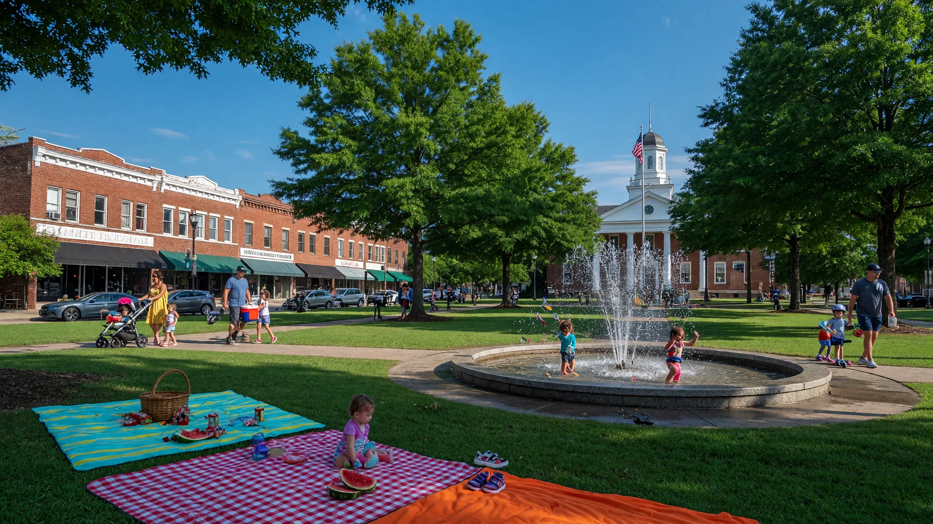 A Gwinnett County town commons green on a sunny morning, with a splash fountain, oak trees, and families out enjoying the day