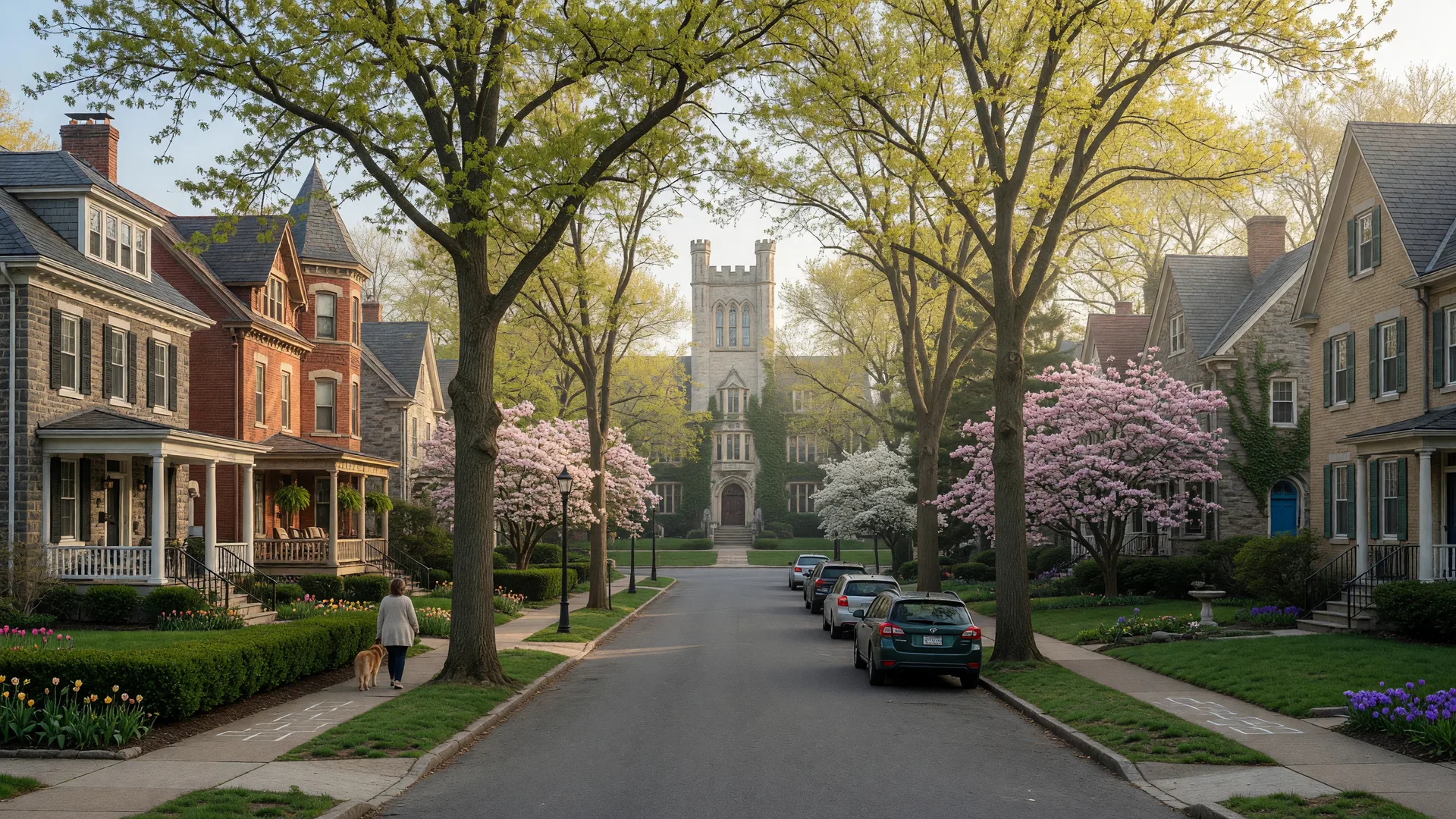 Tree-lined residential street in Swarthmore with Colonial and Victorian homes and Swarthmore College