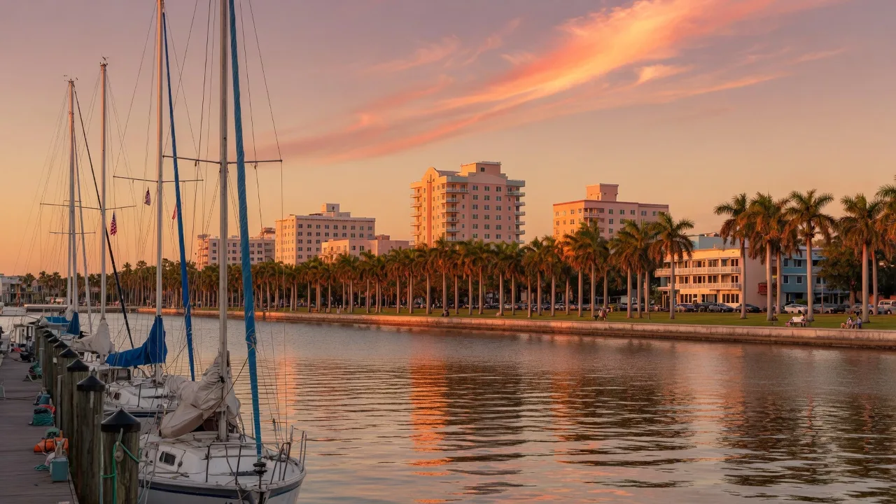 The Sarasota bayfront at golden hour with sailboats in the marina and the downtown skyline behind palm-lined parkland