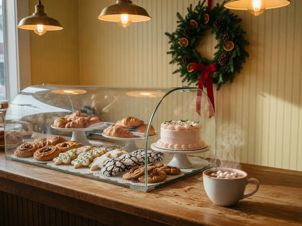 A cozy bakery counter at holiday time, a glass display case filled with pastries, cookies, and a frosted holiday cake under warm lights with a small evergreen wreath behind