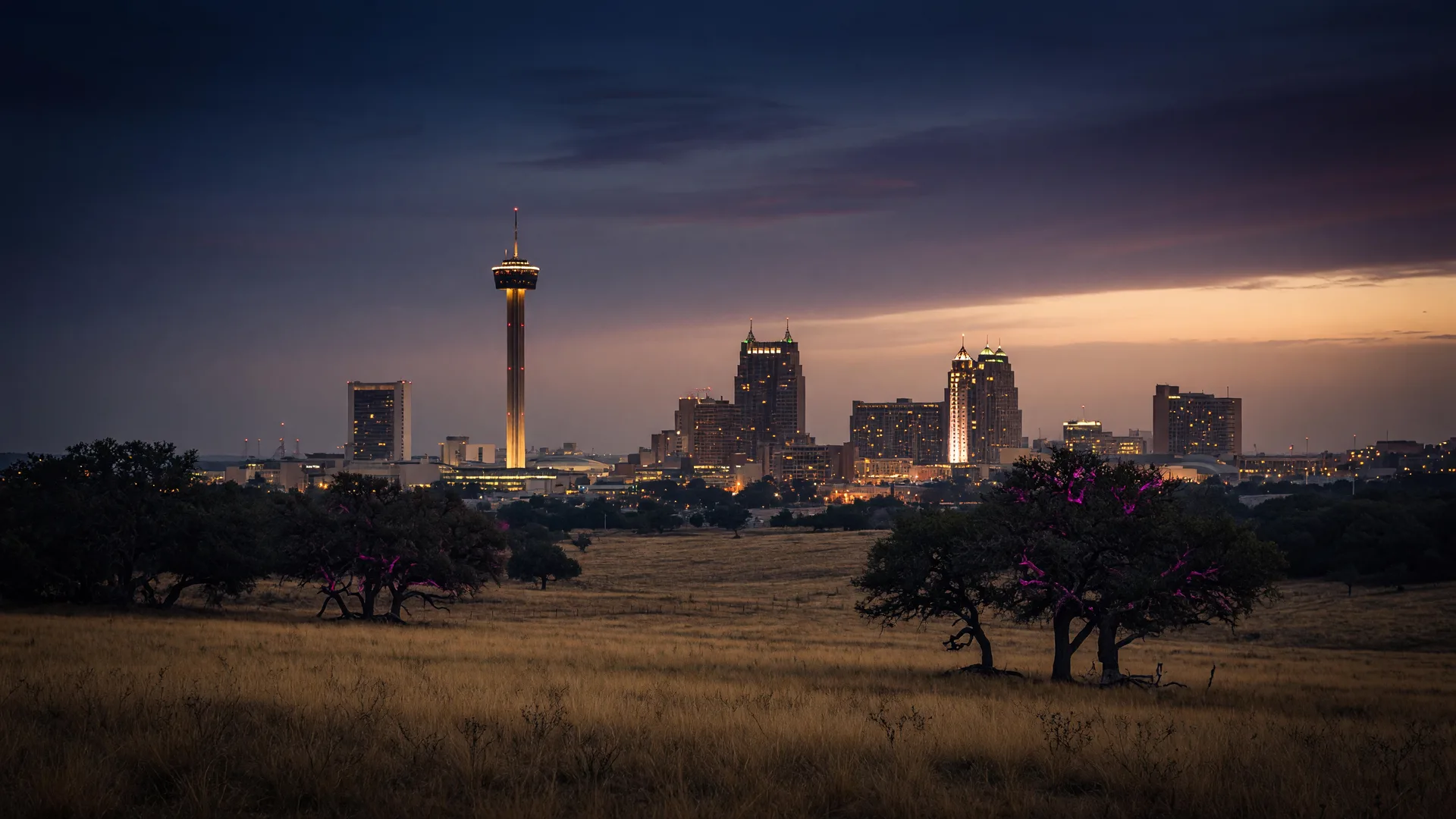 Downtown San Antonio skyline at dusk seen across Texas hill country fields