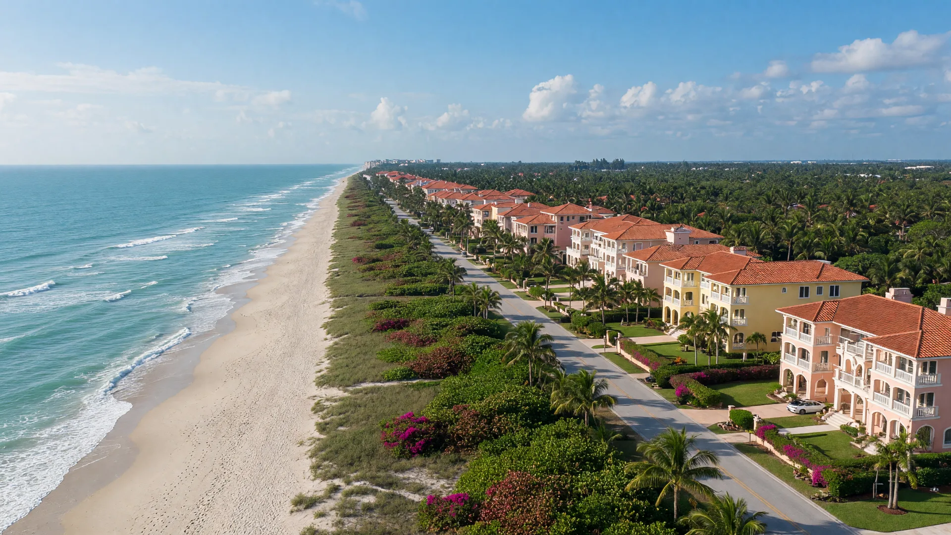 Aerial view south along A1A past oceanfront estates and low-rise condominiums in Highland Beach and Gulf Stream, Florida