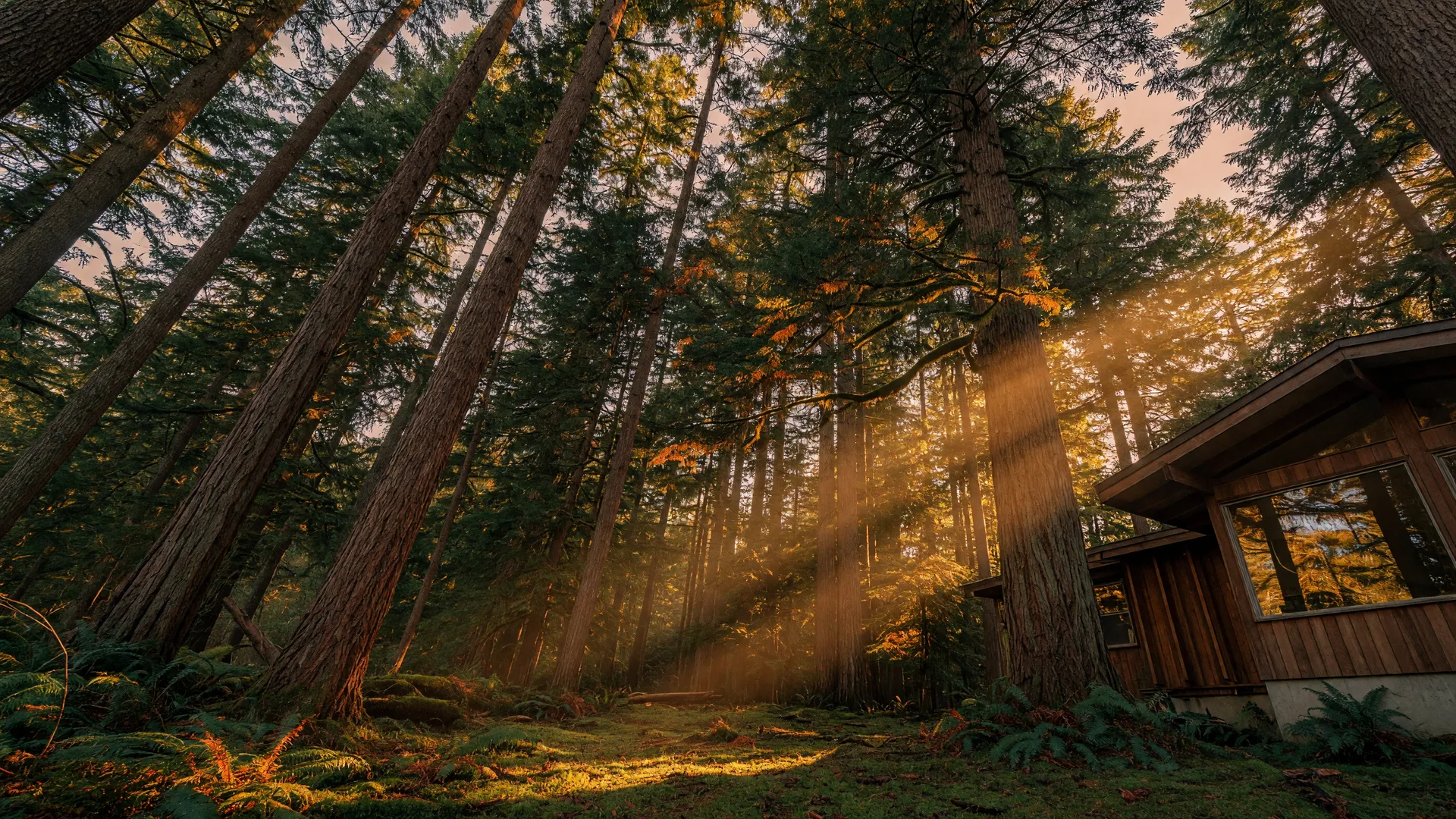 Golden-hour view up through tall Douglas fir and cedar trunks on a forested SW Portland lot with a mid-century home below