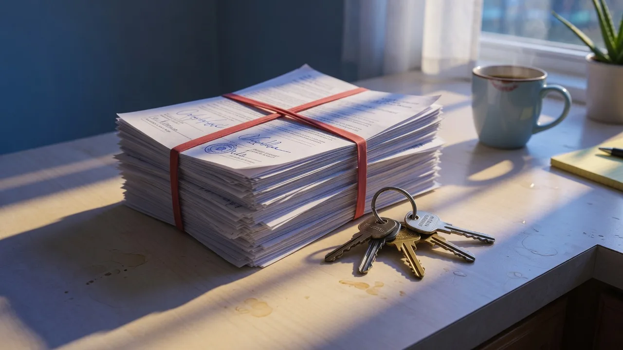 Tall stack of signed closing documents with house keys on a kitchen counter