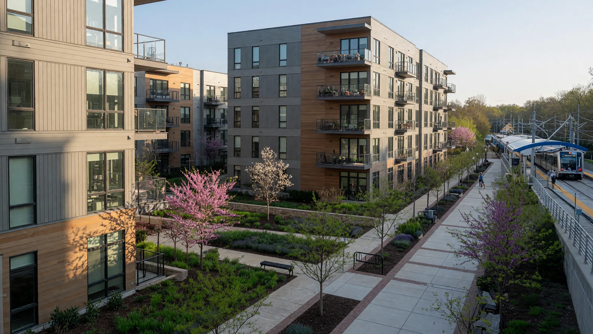A contemporary condominium and townhome development near a light-rail station in Fairfax, Virginia on a bright morning