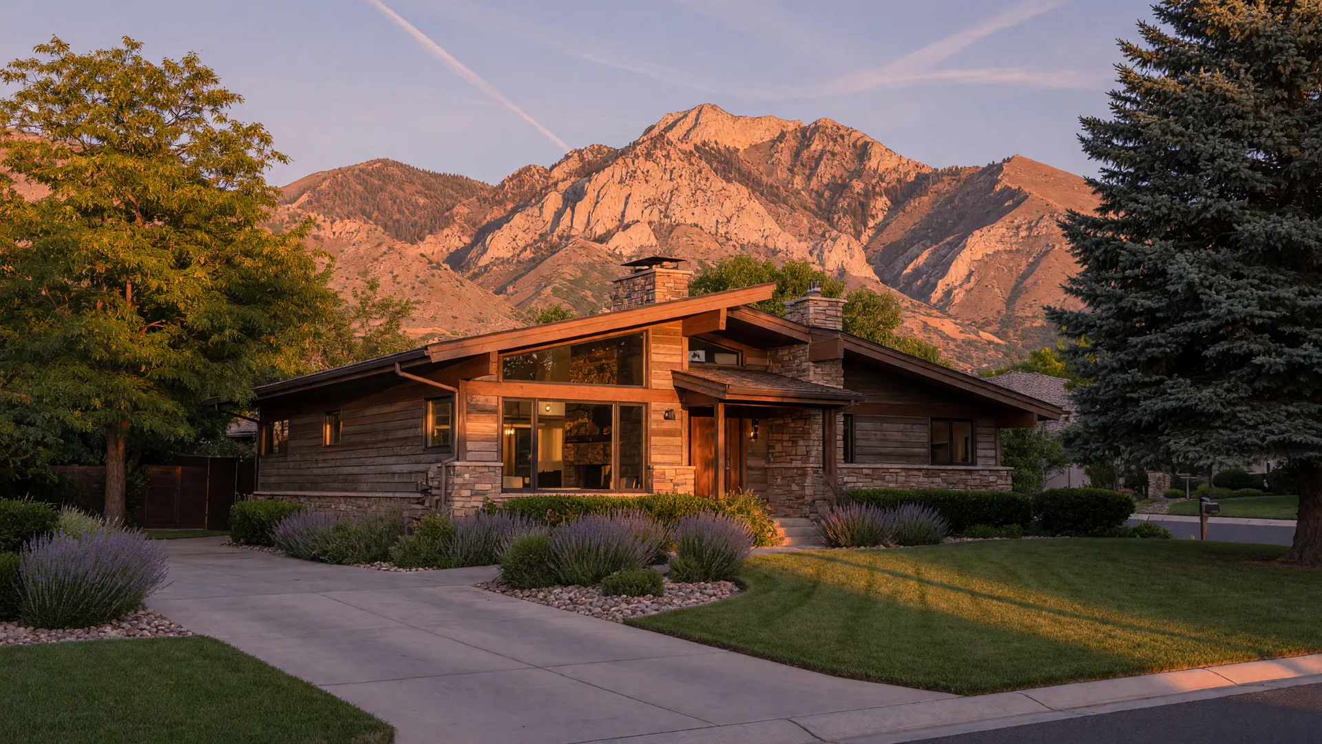 Foothill home in Sandy, Utah at golden hour with the Wasatch mountains behind it