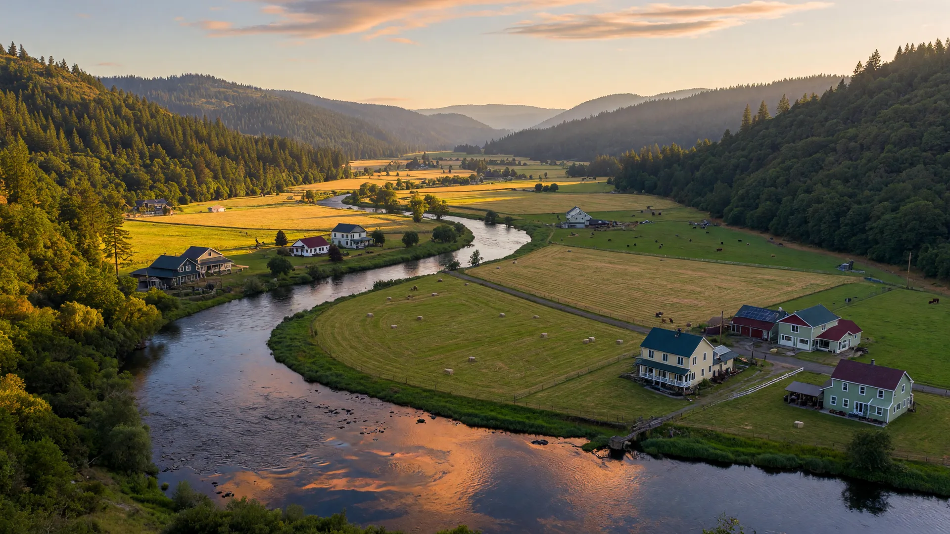 The Rogue River winding through a green Southern Oregon valley at golden hour, with farmhouse-style homes scattered across the valley floor