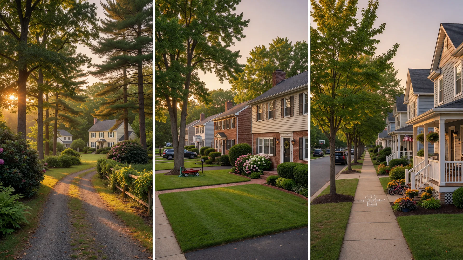 Three distinct South Jersey suburban neighborhood scenes split in a triptych showing Hainesport's rural wooded lots, Mount Laurel's established suburban homes, and Marlton's family-friendly tree-lined streets in warm golden hour light