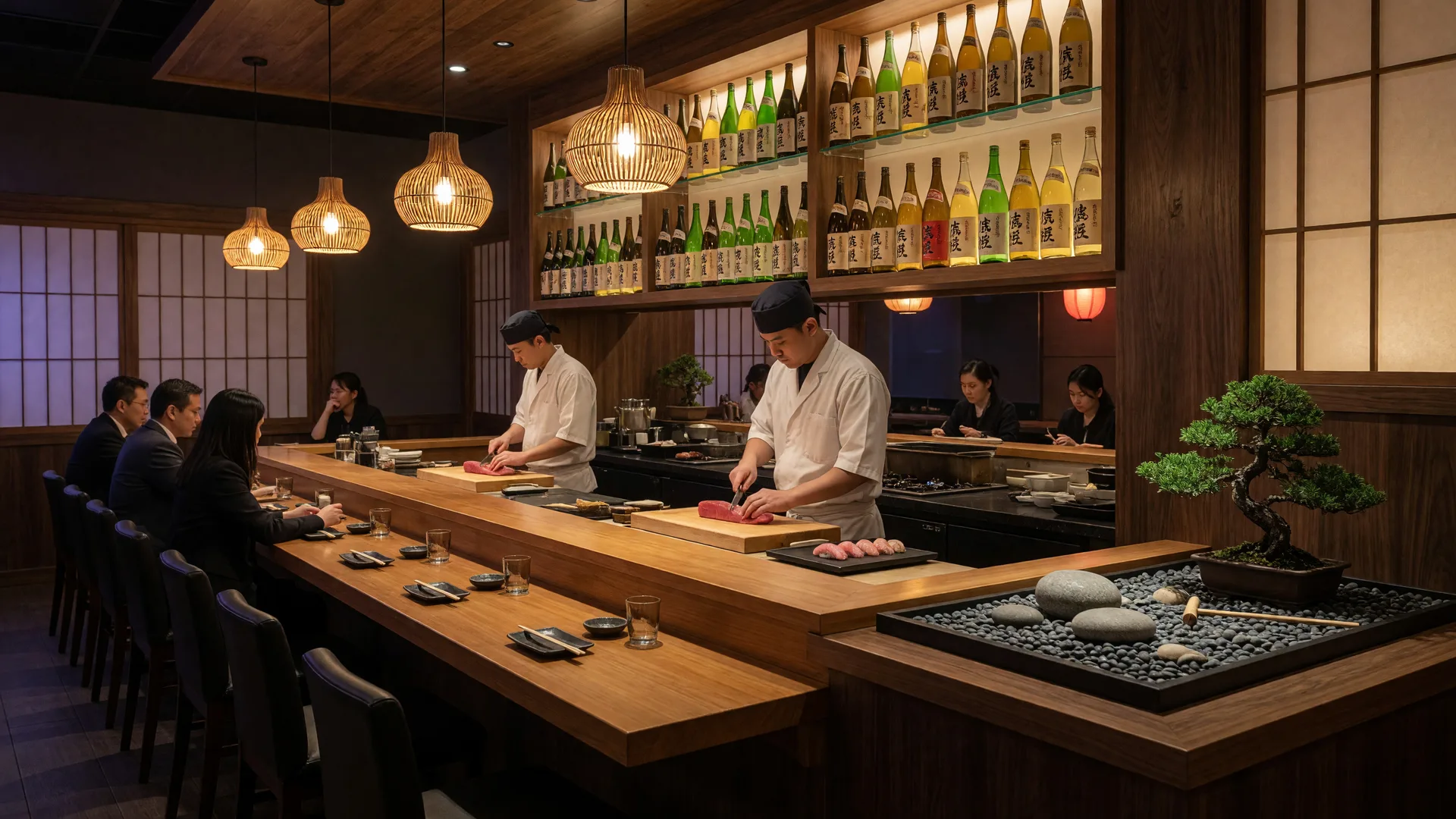Warm wood sushi bar at Sushi Niko Niko in Buford Georgia with counter seats facing the chefs and soft pendant lighting