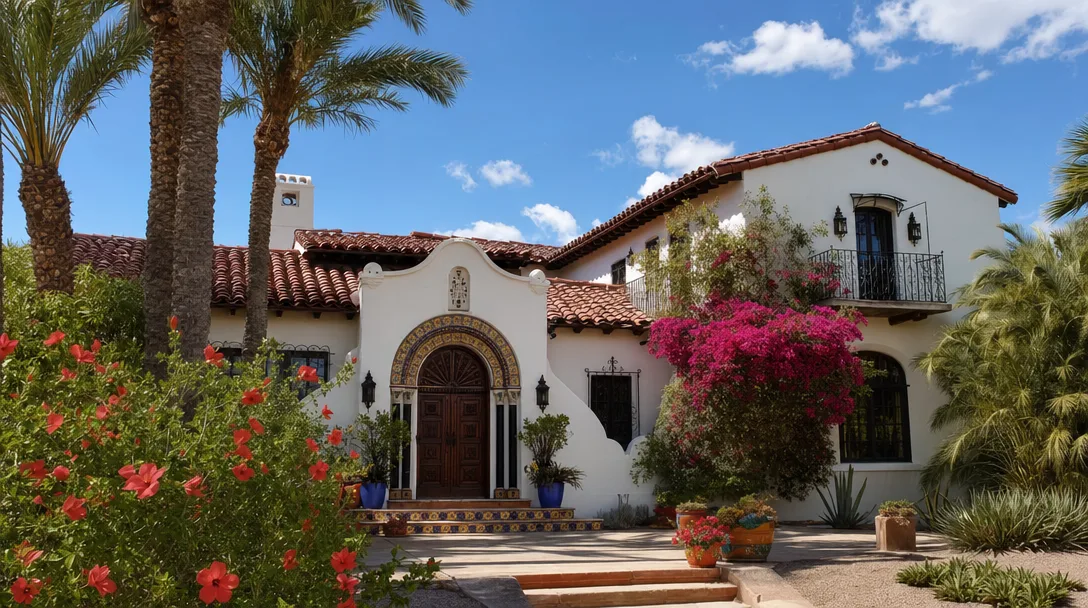 Spanish Colonial Revival Arizona home entrance with colorful tile