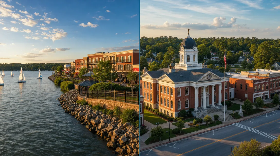 Split scene: Acworth's Lake Acworth shoreline with sailboats on the left and Dallas's historic Paulding County courthouse square with red brick buildings on the right