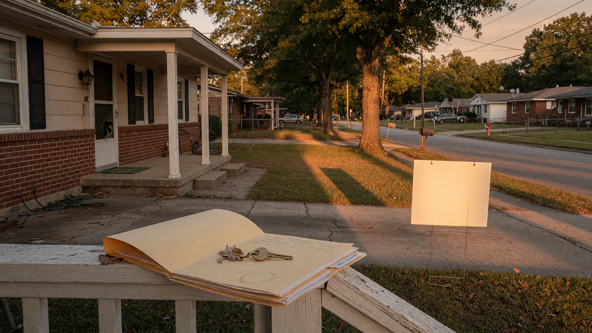 A classic brick and siding ranch home on a quiet South Metro Atlanta street at golden hour with a For Sale sign at the driveway edge and a folder of documents and brass house key on the porch railing, representing homeowners weighing their options