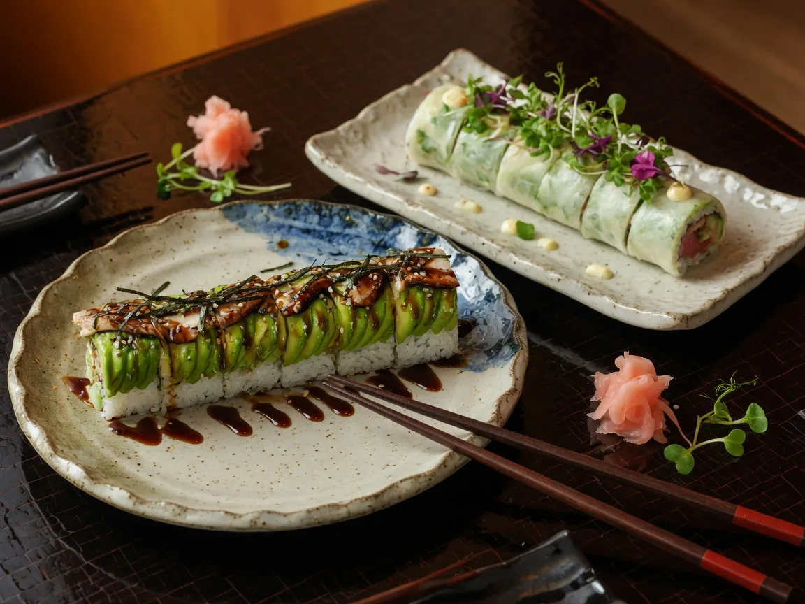 Chef-crafted sushi rolls including a dragon roll and green river roll presented on ceramic plates at Taki Japanese Sushi and Hibachi