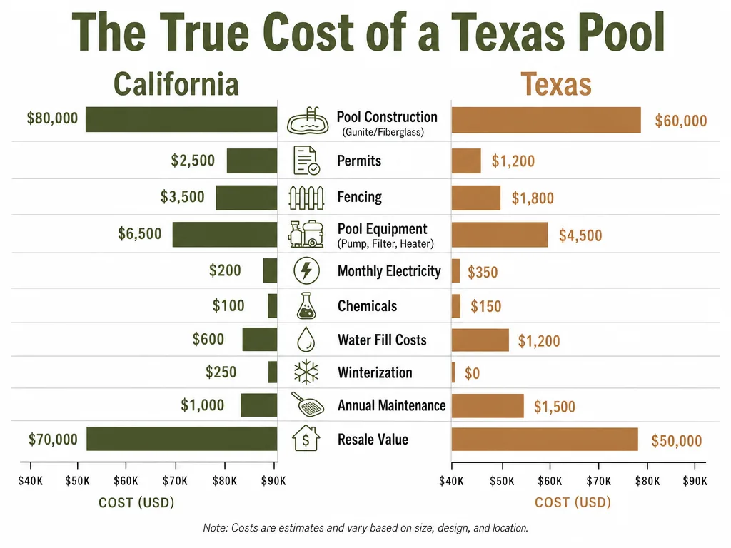 Infographic chart comparing the total true cost of a Texas pool across 10 categories from construction to resale value, with California pool costs shown alongside