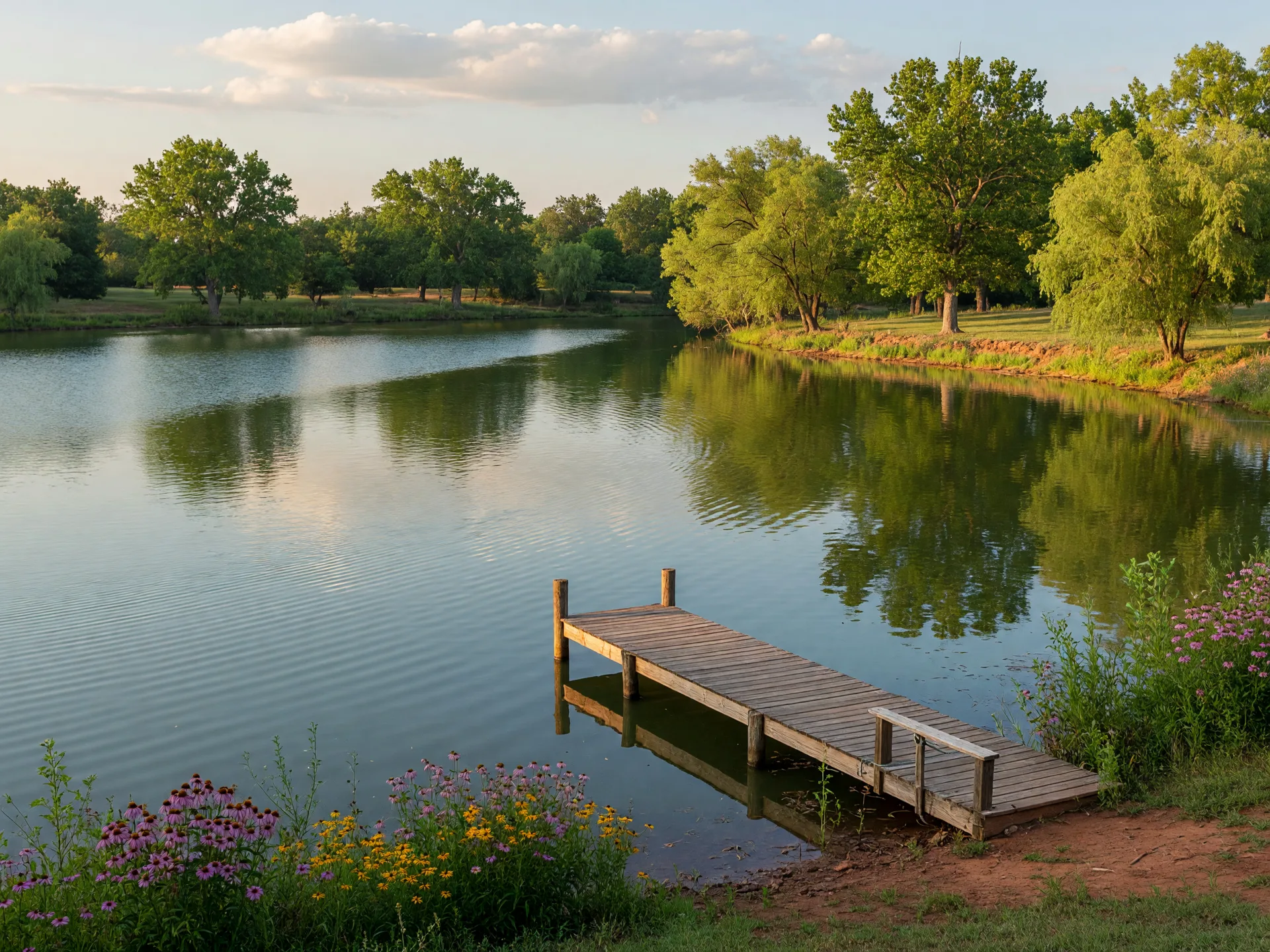 Peaceful lake in the Claremore area with a wooden dock, green shoreline, and calm water reflecting the trees and sky