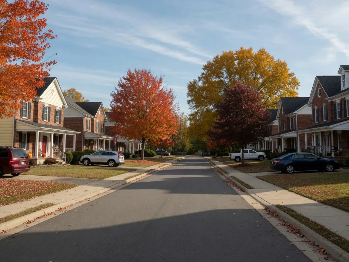 A quiet street of similar colonial homes in a Prince William County subdivision on a sunny autumn afternoon