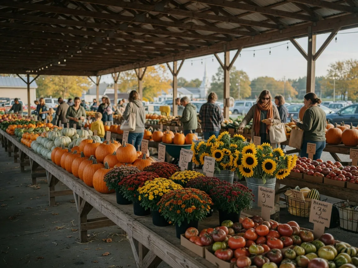 Farmers market stalls under an open pavilion piled with pumpkins, mums, gourds, heirloom tomatoes and sunflowers on a late-September morning