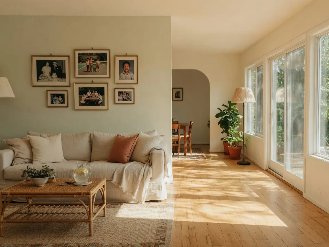 A bright, sunlit living room in a well-kept California home