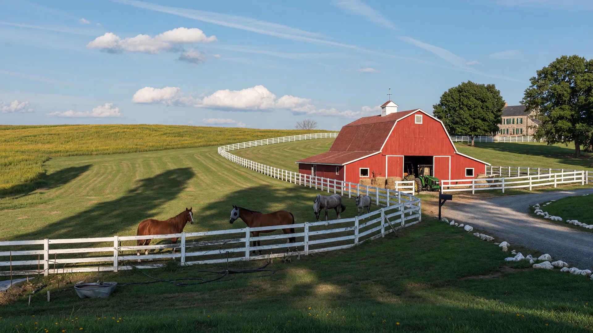 Equestrian horse farm property with white fences in Chester Springs countryside
