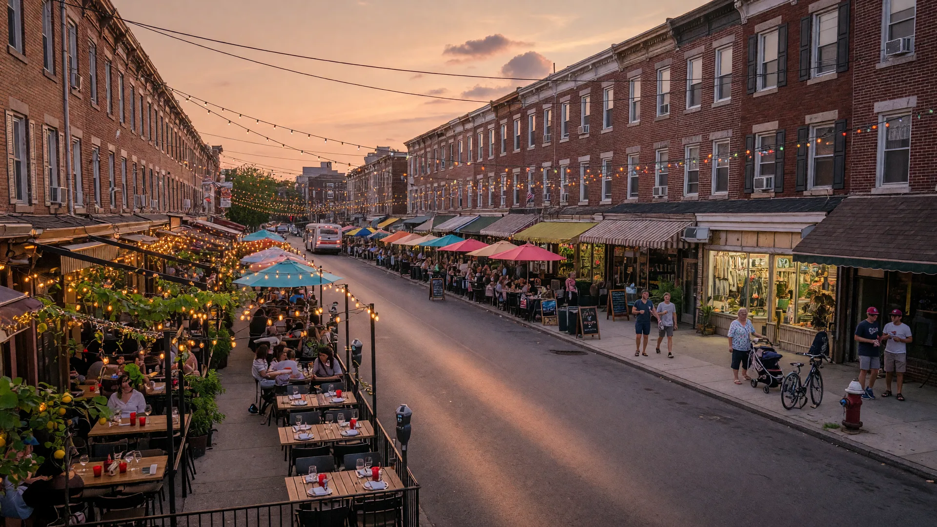East Passyunk Avenue dining and shopping district in Philadelphia at golden hour