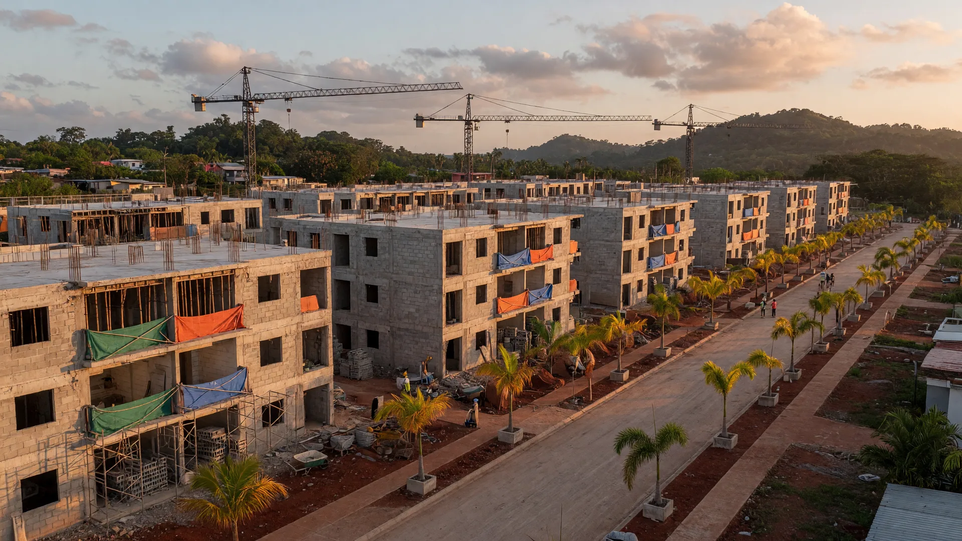 A new mid-rise residential housing development under construction in Panama, with concrete frames, cranes, and palm trees in warm late-afternoon light
