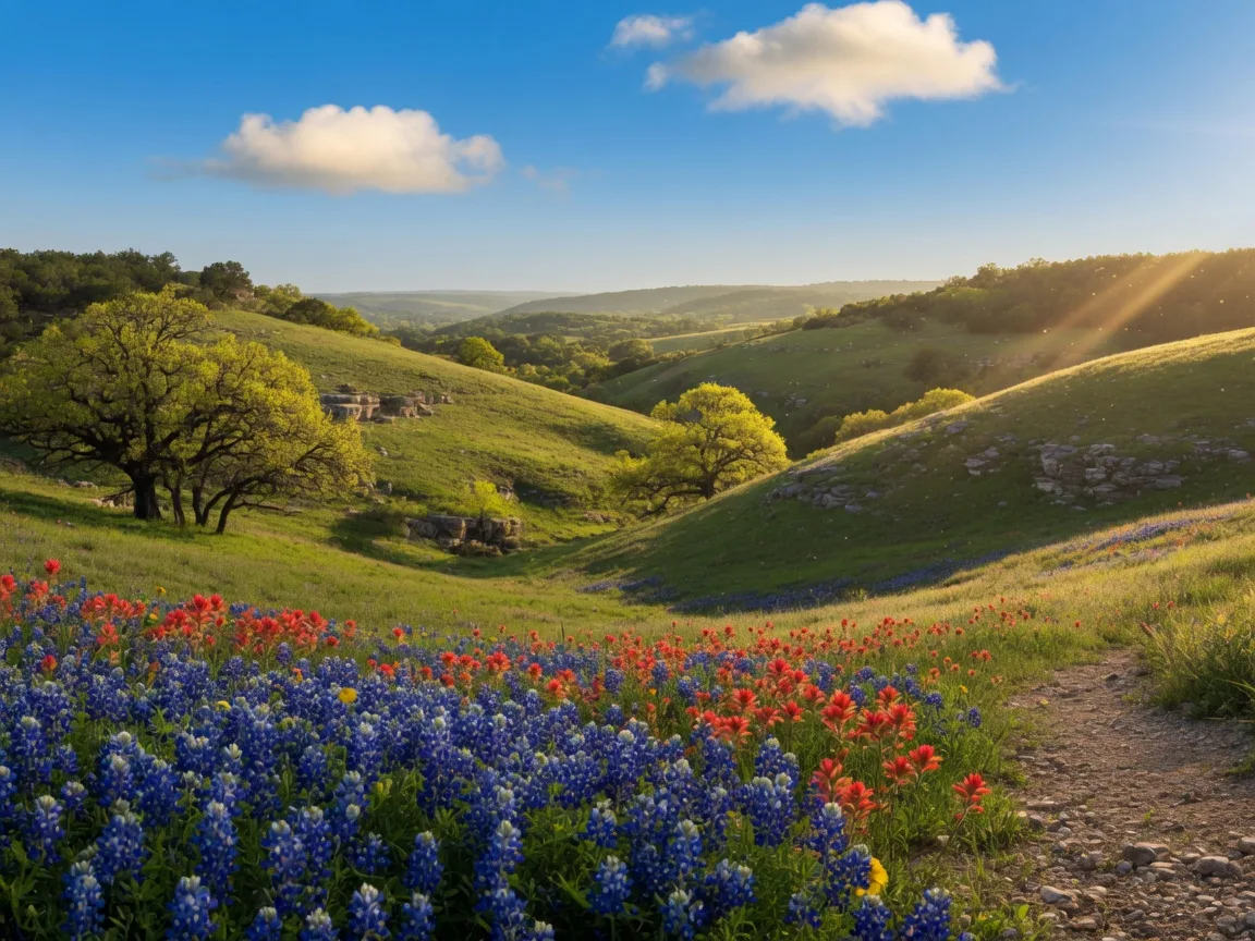 Rolling Texas Hill Country hills with bluebonnets and wildflowers under a bright blue sky
