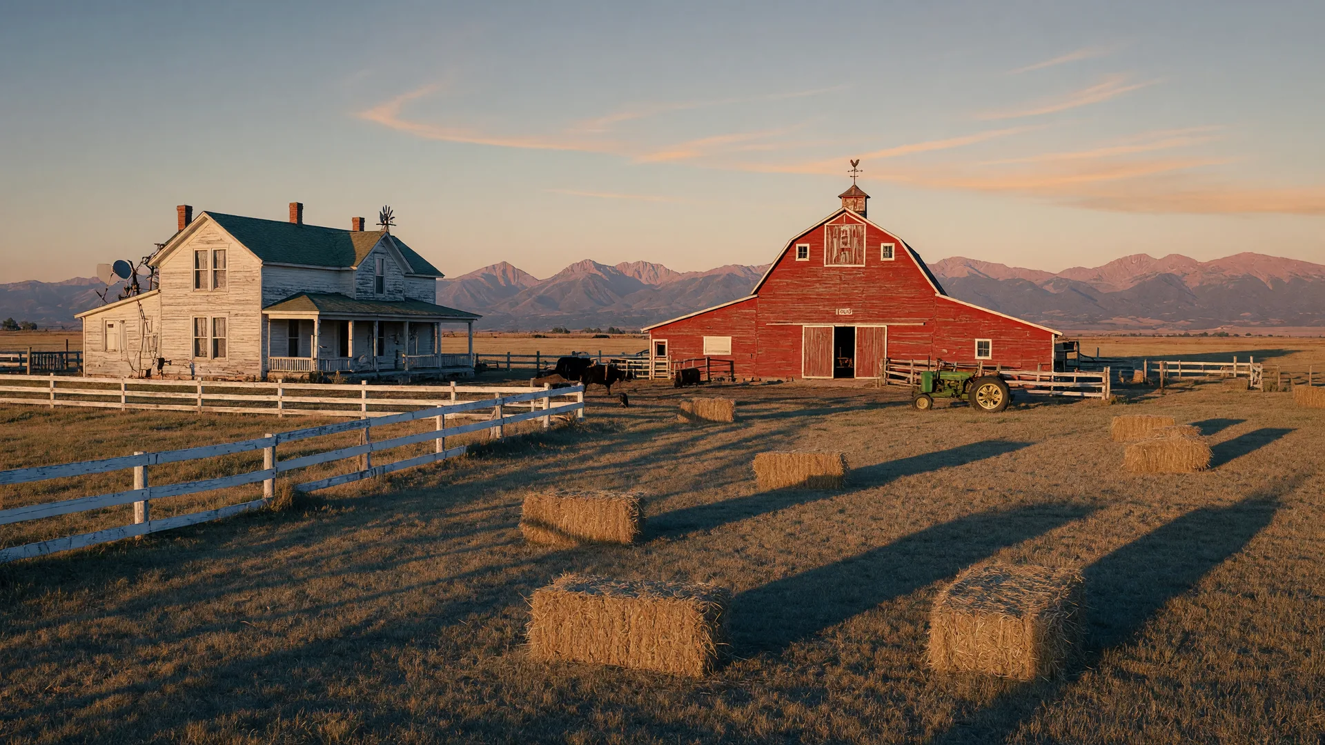 Rural farm property in Brighton Colorado with red barn, white fencing, and Front Range mountain views