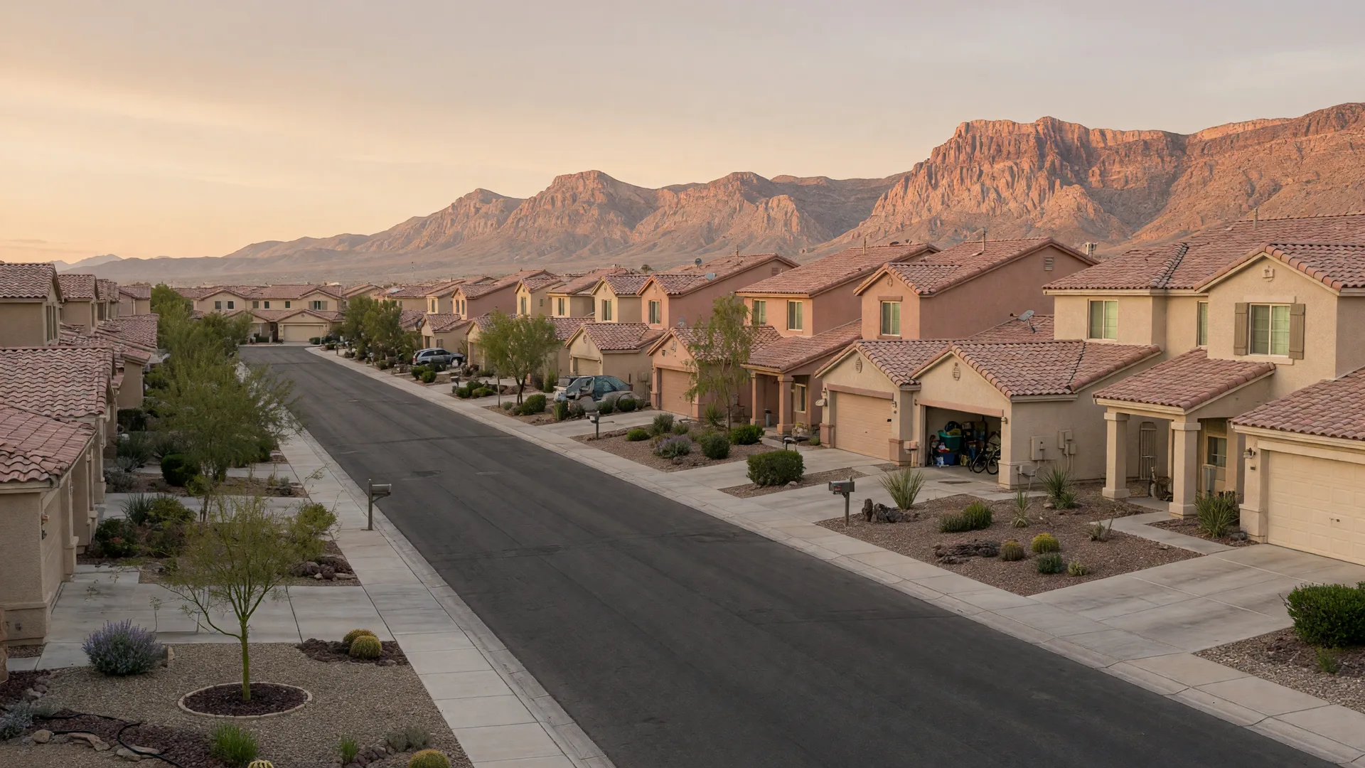 Single-story stucco homes on a quiet street in a master-planned Las Vegas desert neighborhood with mountains on the horizon
