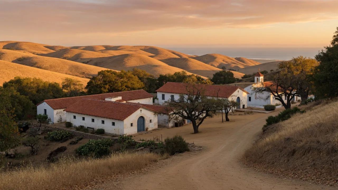 Rancho El Refugio at golden hour: whitewashed buildings with red tile roofs among the rolling hills east of Ensenada