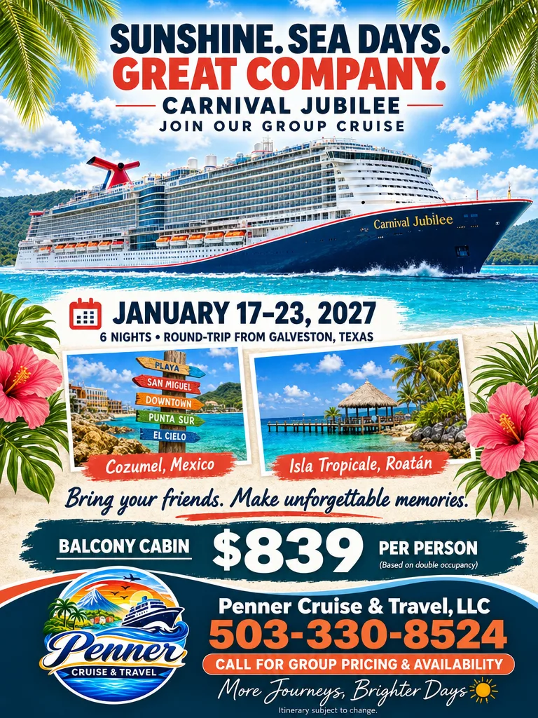 Carnival Jubilee group cruise flyer, January 17-23, 2027