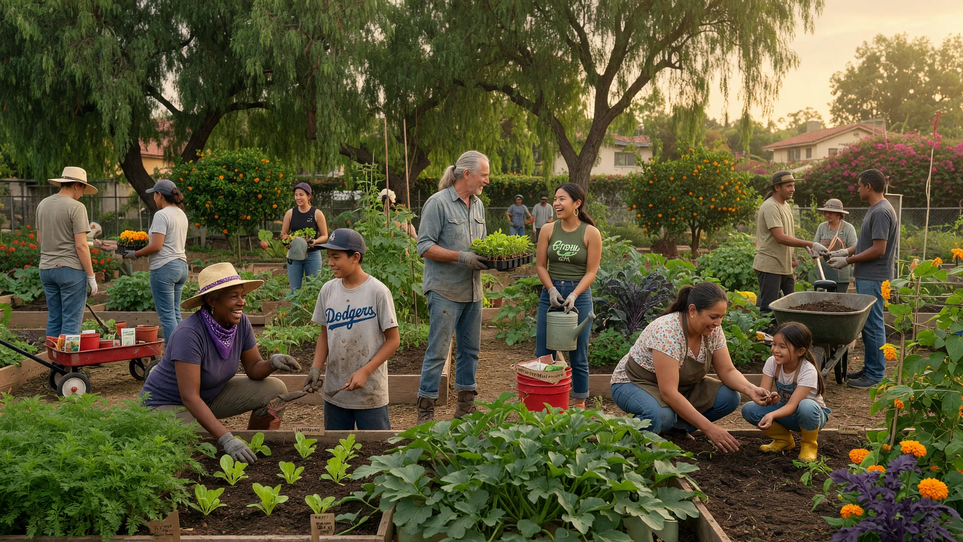 Volunteers working together in a Santa Clarita Valley community garden